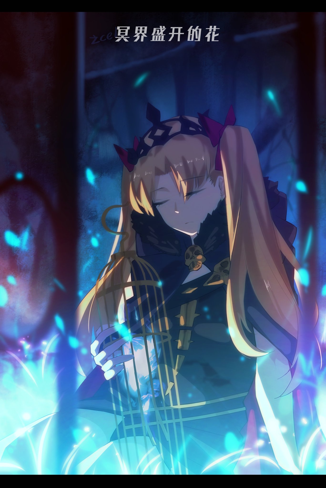 1girl, bangs, black_border, blonde_hair, blue_fire, border, bow, breasts, cape, earrings, ereshkigal_(fate/grand_order), eyebrows_visible_through_hair, fate/grand_order, fate_(series), fire, hair_bow, hair_ribbon, highres, icelernd, jewelry, long_hair, parted_bangs, ribbon, solo, tiara, two_side_up, very_long_hair