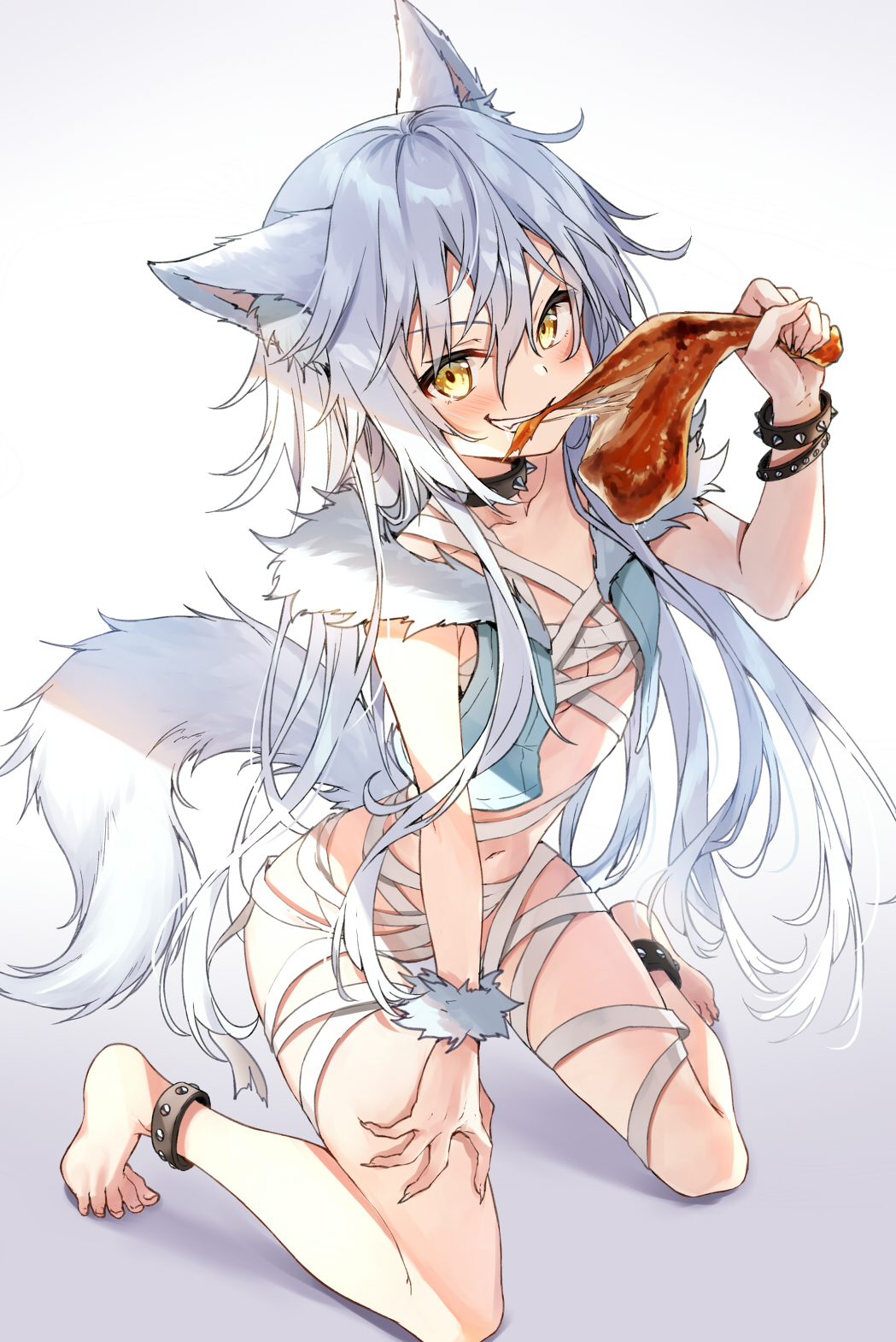 1girl, animal_ear_fluff, animal_ears, anklet, bandages, bangs, bare_arms, bare_legs