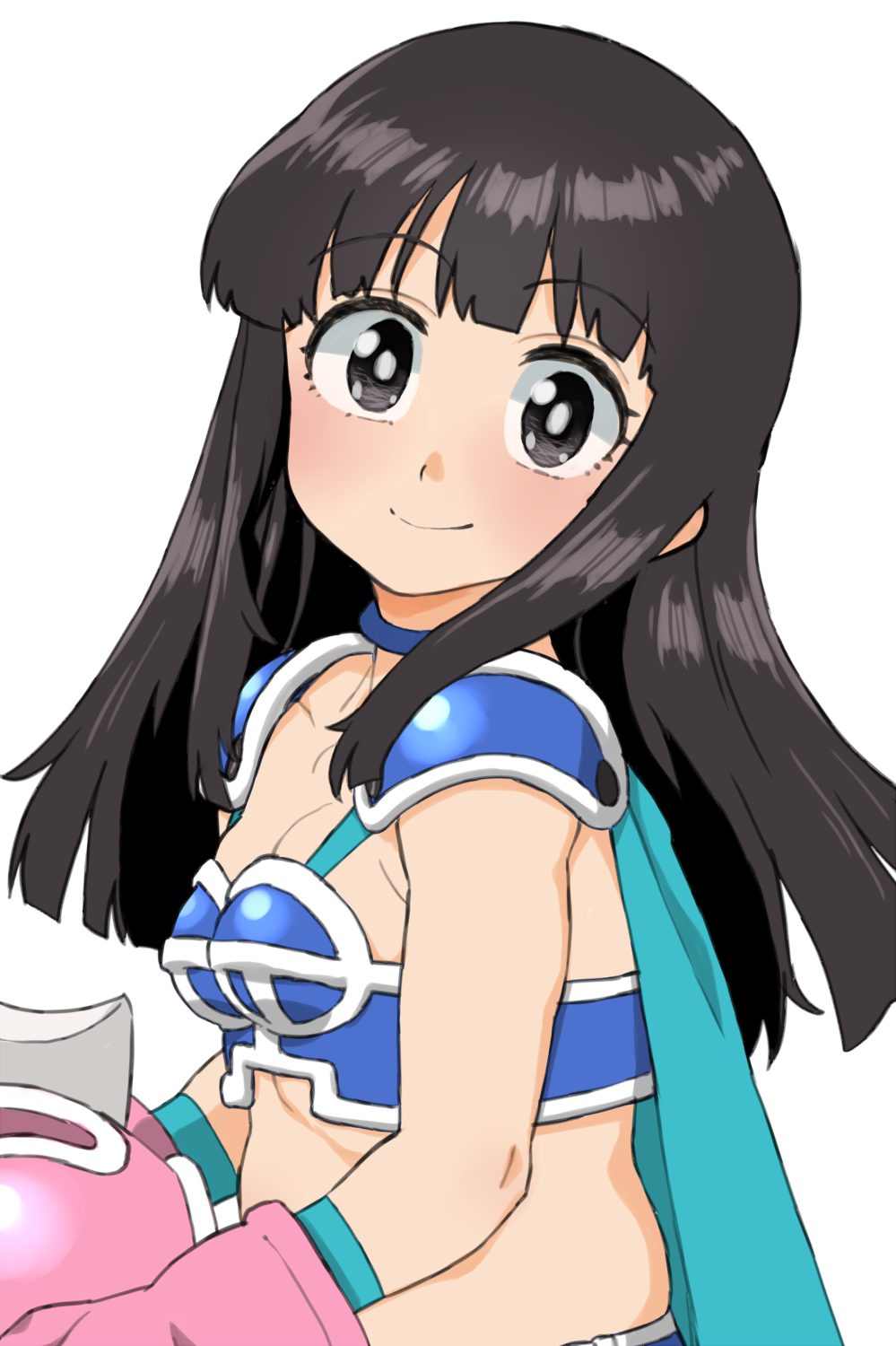 1girl, armor, bikini, bikini_armor, black_eyes, black_hair, blue_bikini, breasts, cape, chi-chi_(dragon_ball), dragon_ball, dragon_ball_(classic), from_side, gloves, green_cape, headwear_removed, helmet, highres, long_hair, pauldrons, pink_gloves, pink_helmet, shoulder_armor, simple_background, small_breasts, solo, swimsuit, upper_body, wakaho_riku, white_background
