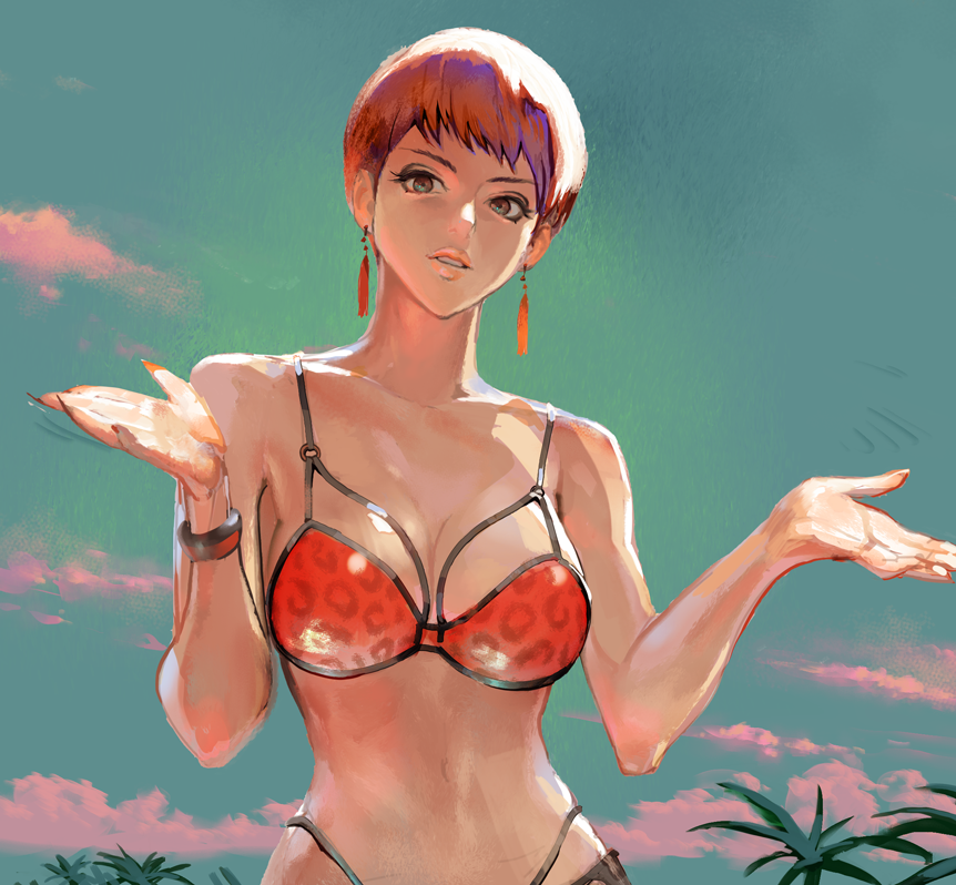 1girl, bikini, breasts, earrings, jewelry, nao3art, navel, palm_tree