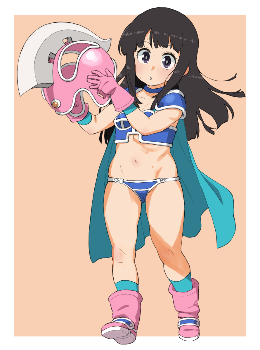 1girl, armor, bikini, bikini_armor, black_hair, blue_bikini, blue_eyes, boots, cape, chi-chi_(dragon_ball), dragon_ball, dragon_ball_(classic), full_body, gloves, green_cape, headwear_removed, helmet, highres, long_hair, navel, pauldrons, pink_background, pink_footwear, pink_gloves, pink_helmet, shoulder_armor, simple_background, solo, swimsuit, thighs, wakaho_riku