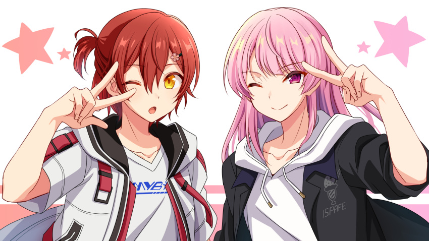 15pafe, 2boys, ;o, androgynous, bangs, closed_mouth, commentary_request, eyebrows_visible_through_hair