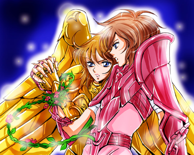 1boy, 1girl, andromeda_shun, armor, athena, athena_(saint_seiya), blue_eyes, brown_hair