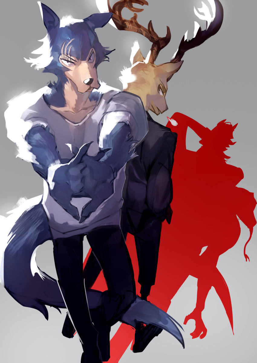2boys, absurdres, antlers, beastars, black_eyes, black_pants, black_suit, deer