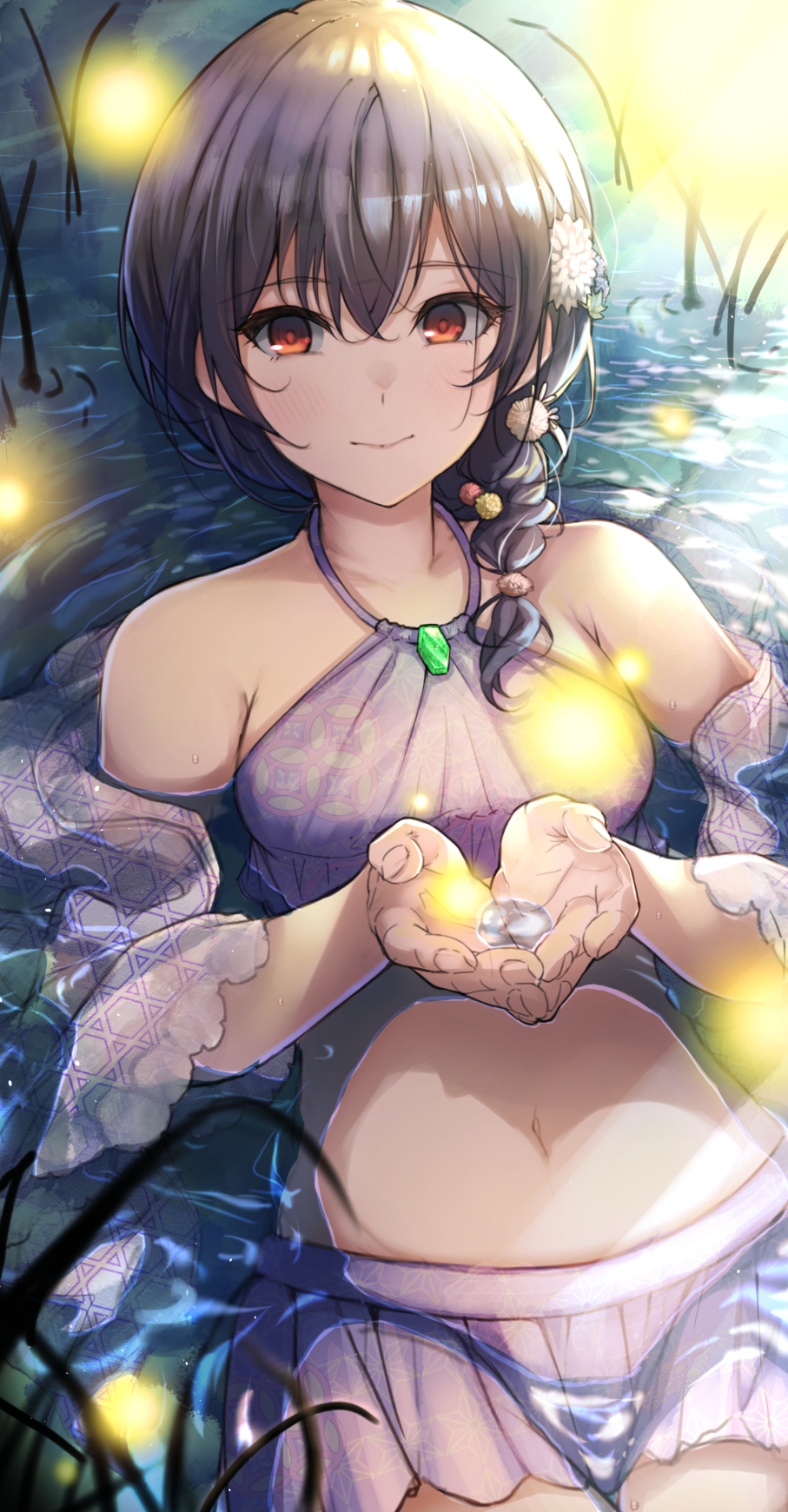 1girl, bangs, bare_shoulders, bikini_skirt, breasts, bug, fireflies, floral_print