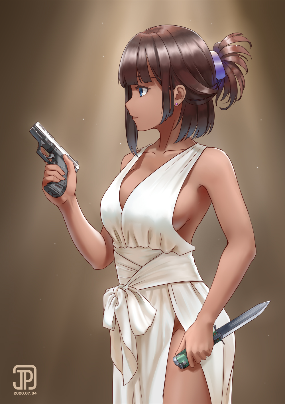 1girl, artist_name, asymmetrical_hair, bangs, bare_arms, bare_shoulders, blue_eyes, blunt_bangs, breasts, brown_hair, closed_mouth, collarbone, combat_knife, cowboy_shot, cqc, dark_skin, dated, dress, dual_wielding, earrings, gun, hair_ornament, hairclip, half_updo, handgun, highres, holding, holding_gun, holding_knife, holding_weapon, jewelry, jpc, knife, medium_breasts, medium_hair, nrs-2, original, p99, pistol, plunging_neckline, profile, side_slit, sideboob, sidelocks, simple_background, solo, stud_earrings, trigger_discipline, walther, weapon, white_dress