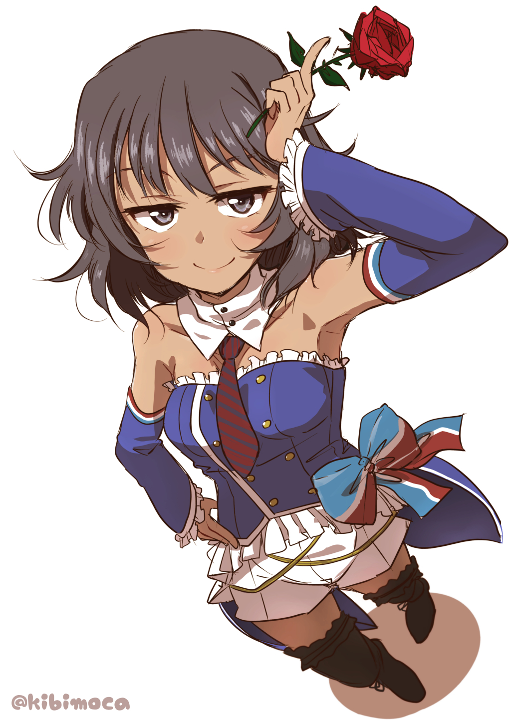 1girl, alternate_costume, andou_(girls_und_panzer), arm_up, armpits, artist_name, bangs, bare_shoulders