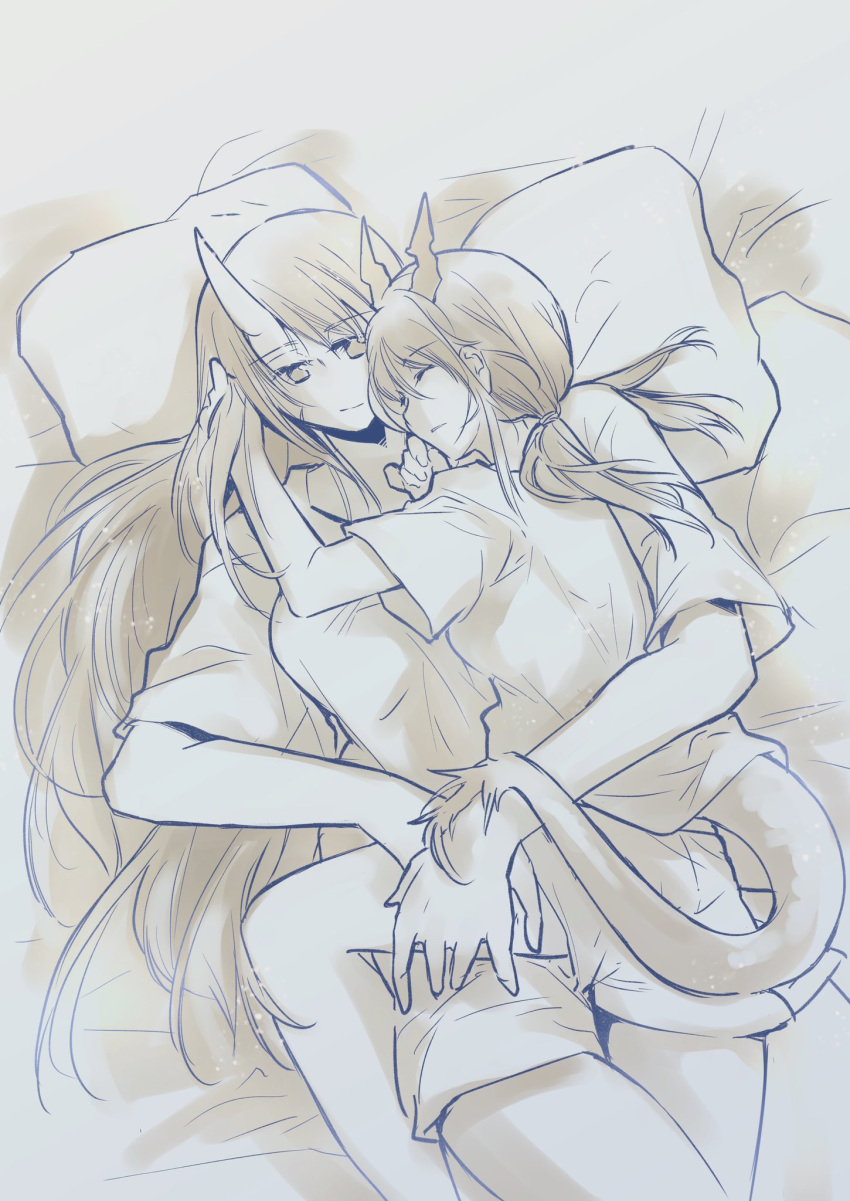 2girls, arknights, bed, ch'en_(arknights), closed_eyes, dragon_horns, dragon_tail, hair_between_eyes, highres, horns, hoshiguma_(arknights), hug, kapiko, long_hair, multiple_girls, oni_horns, pillow, short_shorts, shorts, single_horn, sleeping, sleeping_on_person, tail, yuri