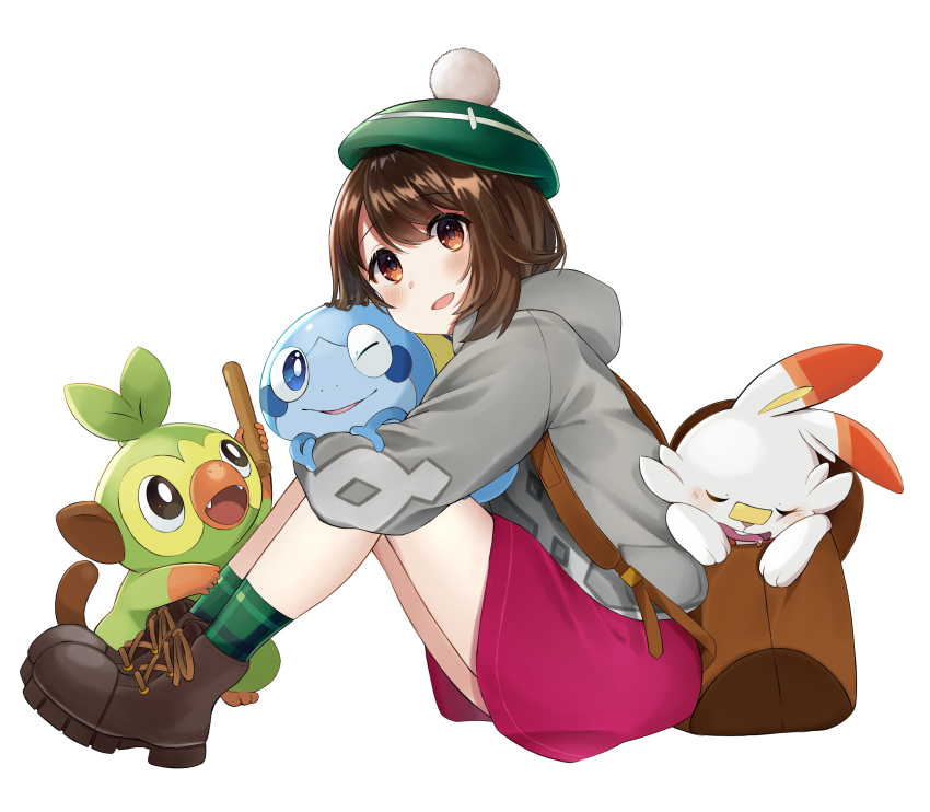 1girl, absurdres, ankle_boots, backpack, bag, bangs, bob_cut, boots, brown_eyes, brown_footwear, brown_hair, commentary_request, cross-laced_footwear, eyebrows_visible_through_hair, from_side, gen_8_pokemon, green_headwear, green_legwear, grey_sweater, grookey, hat, highres, holding, holding_pokemon, hood, hood_down, hoodie, leg_hug, long_sleeves, looking_at_viewer, meruko-san, miniskirt, open_mouth, partial_commentary, pink_skirt, plaid, plaid_legwear, pokemon, pokemon_(creature), pokemon_(game), pokemon_swsh, scorbunny, short_hair, sitting, skirt, smile, sobble, socks, solo, starter_pokemon_trio, sweater, tam_o'_shanter, yuuri_(pokemon)