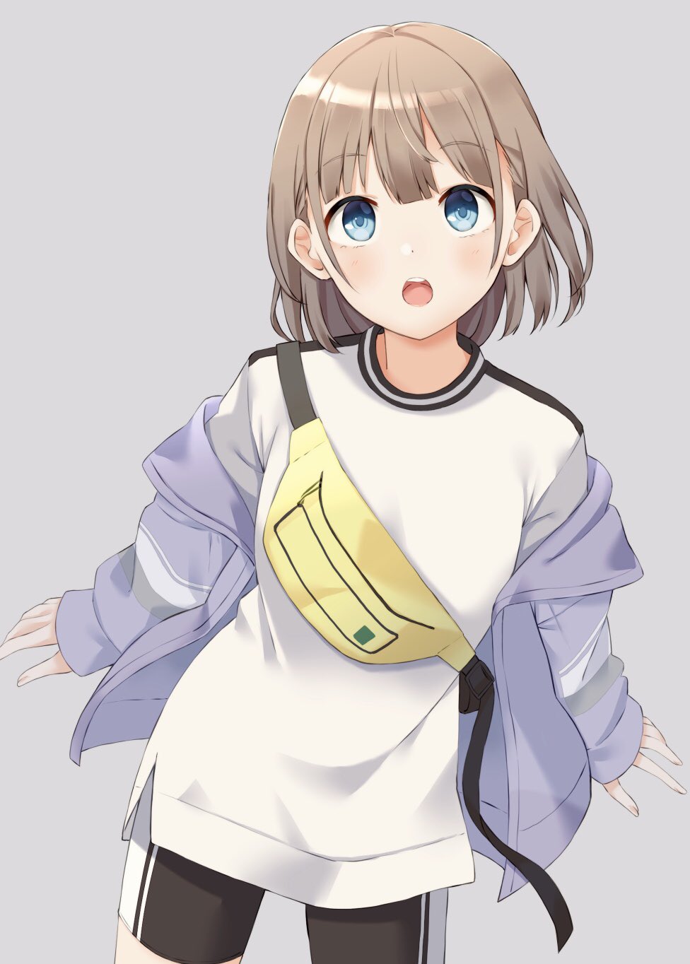 1girl, bangs, black_shorts, blue_eyes, blush, brown_hair, commentary_request, eyebrows_visible_through_hair