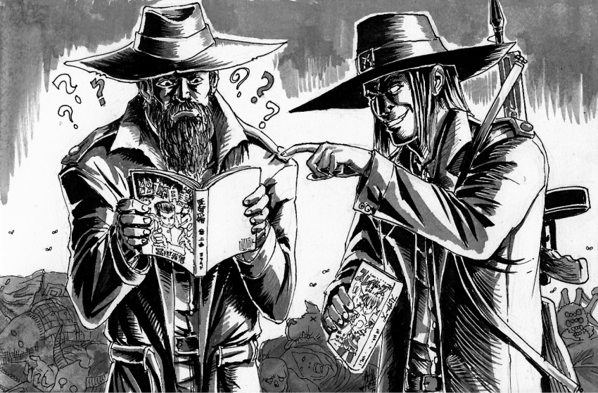 2boys, ?, beard, blood_(game), book, bug, caleb_(blood), chainsaw, commentary, corpse, dusk_(game), dusk_dude, facial_hair, greyscale, gun, hat, holding, holding_book, jacket, lapel, monochrome, multiple_boys, pointing, reading, smile, spider, submachine_gun, substance20, thompson_submachine_gun, weapon, white_eyes