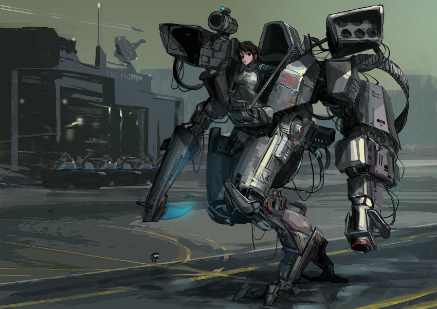 1girl, absurdres, brown_eyes, brown_hair, dearpacificday, exoskeleton, gun, highres, holding, holding_gun, holding_weapon, looking_to_the_side, mecha, missile_pod, original, pilot_suit, walking, weapon