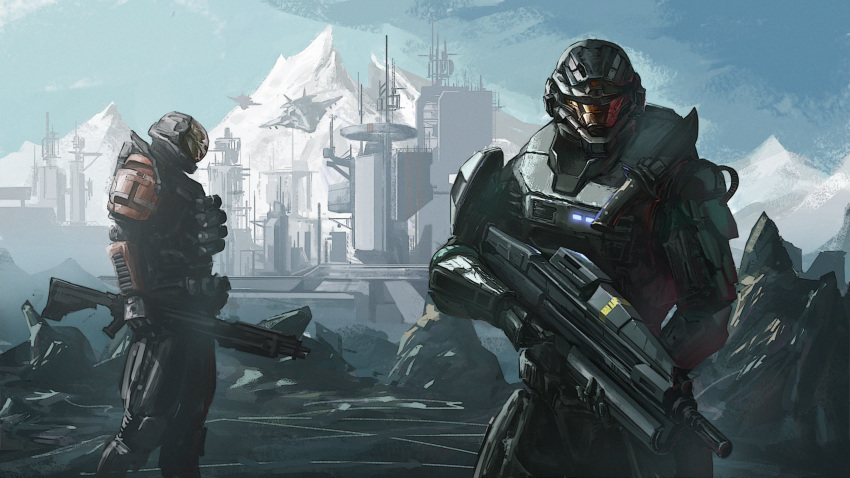 armor, assault_rifle, bullpup, dearpacificday, emile-a239, gun, halo:_reach, halo_(game), helmet, highres, holding, holding_gun, holding_weapon, looking_back, ma5, military, rifle, shotgun, soldier, spartan-b312, spartan_(halo), visor, weapon