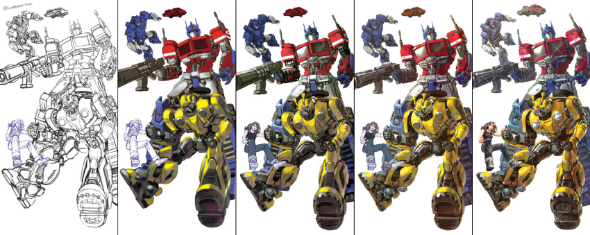 2girls, 3boys, autobot, blue_eyes, brown_hair, bumblebee, bumblebee_(film), car