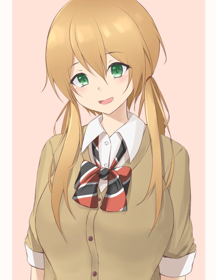 1girl, 88942731ne, alternate_costume, beige_cardigan, blonde_hair, cardigan, commentary_request, green_eyes