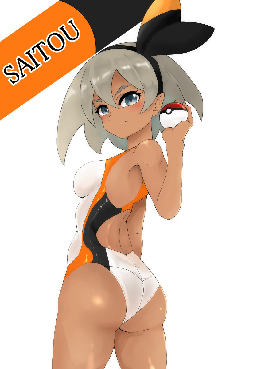 1girl, absurdres, ass, character_name, competition_swimsuit, cowboy_shot, dark_skin, from_behind, grey_eyes, grey_hair, gym_leader, hairband, highres, one-piece_swimsuit, onihime_takun, poke_ball, pokemon, pokemon_(game), pokemon_swsh, saitou_(pokemon), short_hair, swimsuit, two-tone_swimsuit, ultra_ball