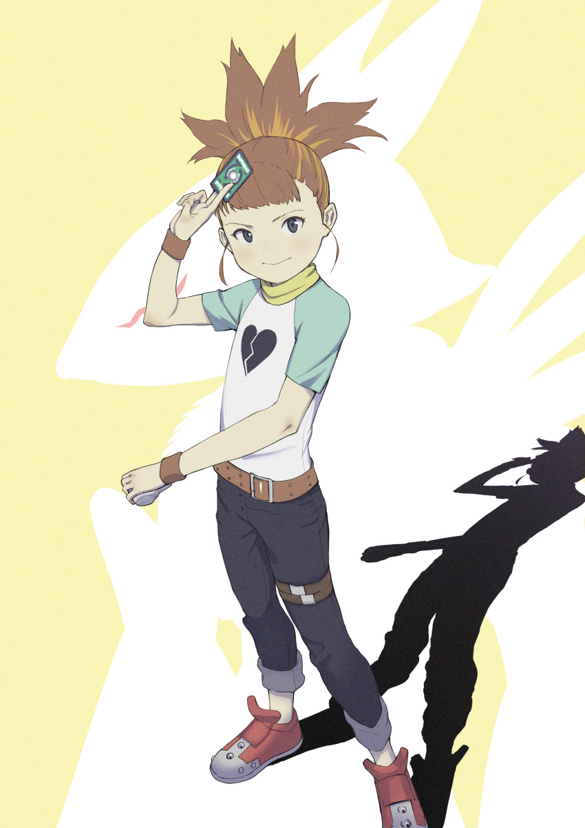 1girl, absurdres, bangs, belt, blue_eyes, broken_heart_print, brown_hair, card