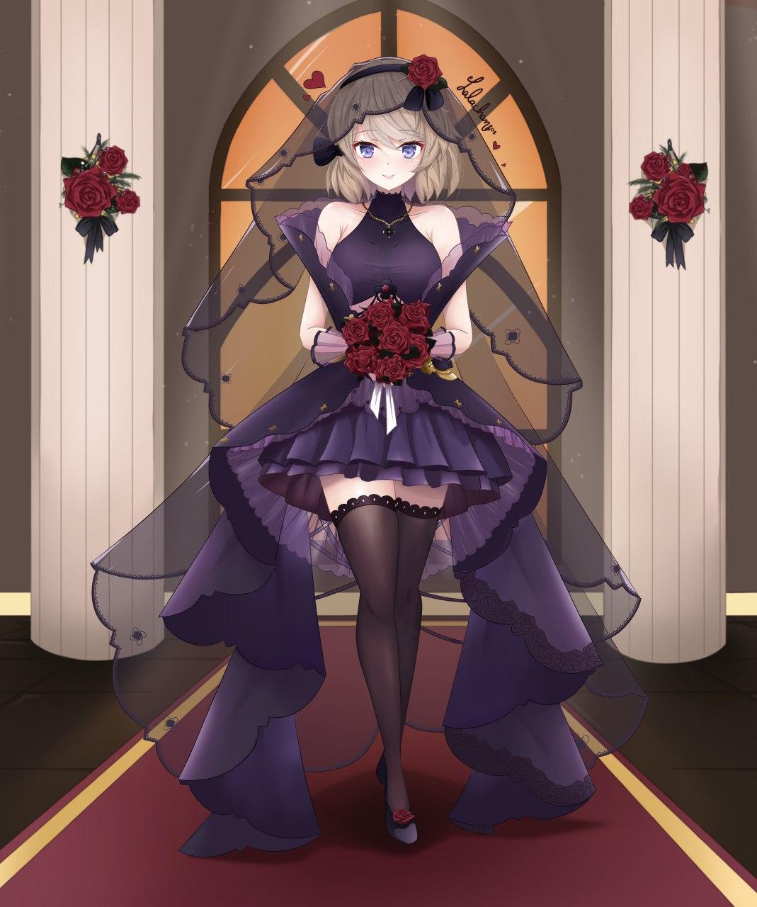 1girl, azur_lane, black_dress, black_footwear, black_gloves, black_legwear, bouquet, bridal_veil, commentary, dress, flower, frilled_skirt, frills, full_body, gloves, grey_eyes, high_heels, highres, holding, holding_bouquet, iron_cross, jewelry, lalachan208, light_brown_hair, looking_at_viewer, necklace, pillar, red_carpet, red_flower, red_rose, rose, shoes, short_hair, signature, skirt, smile, solo, thigh-highs, turtleneck_dress, veil, wedding_dress, window, z23_(azur_lane), z23_(schwarze_hochzeit)_(azur_lane), zettai_ryouiki
