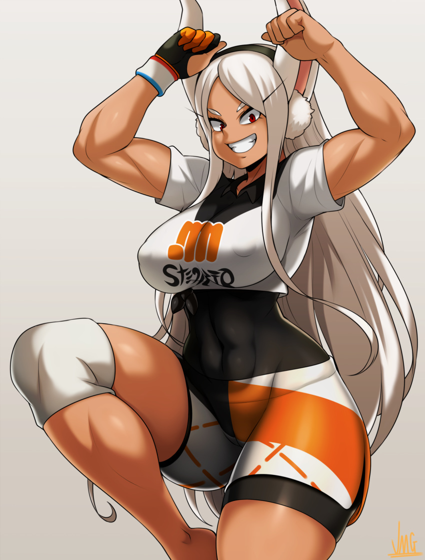 1girl, :d, abs, animal_ears, arms_up, barefoot, black_bodysuit, bodysuit