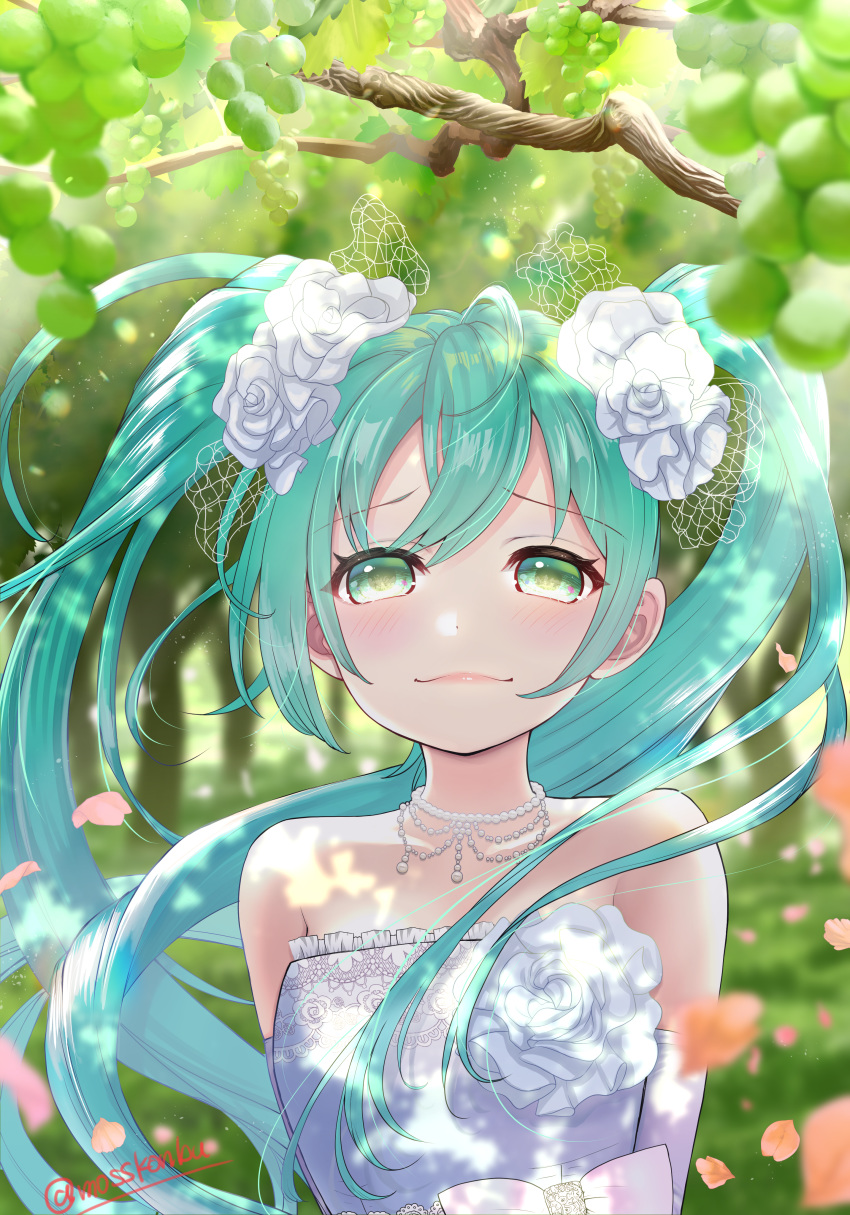 1girl, absurdres, alternate_costume, aqua_hair, bare_shoulders, blurry, blurry_background, blush