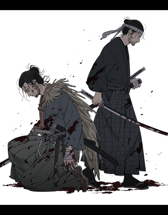 2boys, arms_at_sides, black_hair, black_hakama, black_kimono, blood, blood_splatter, bloody_clothes