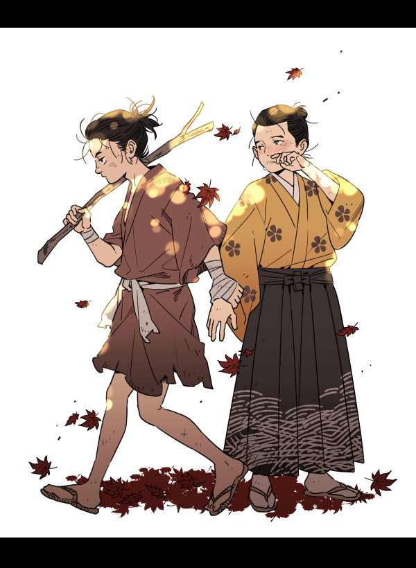 2boys, arm_at_side, black_eyes, black_hair, black_hakama, closed_mouth, falling_leaves, full_body