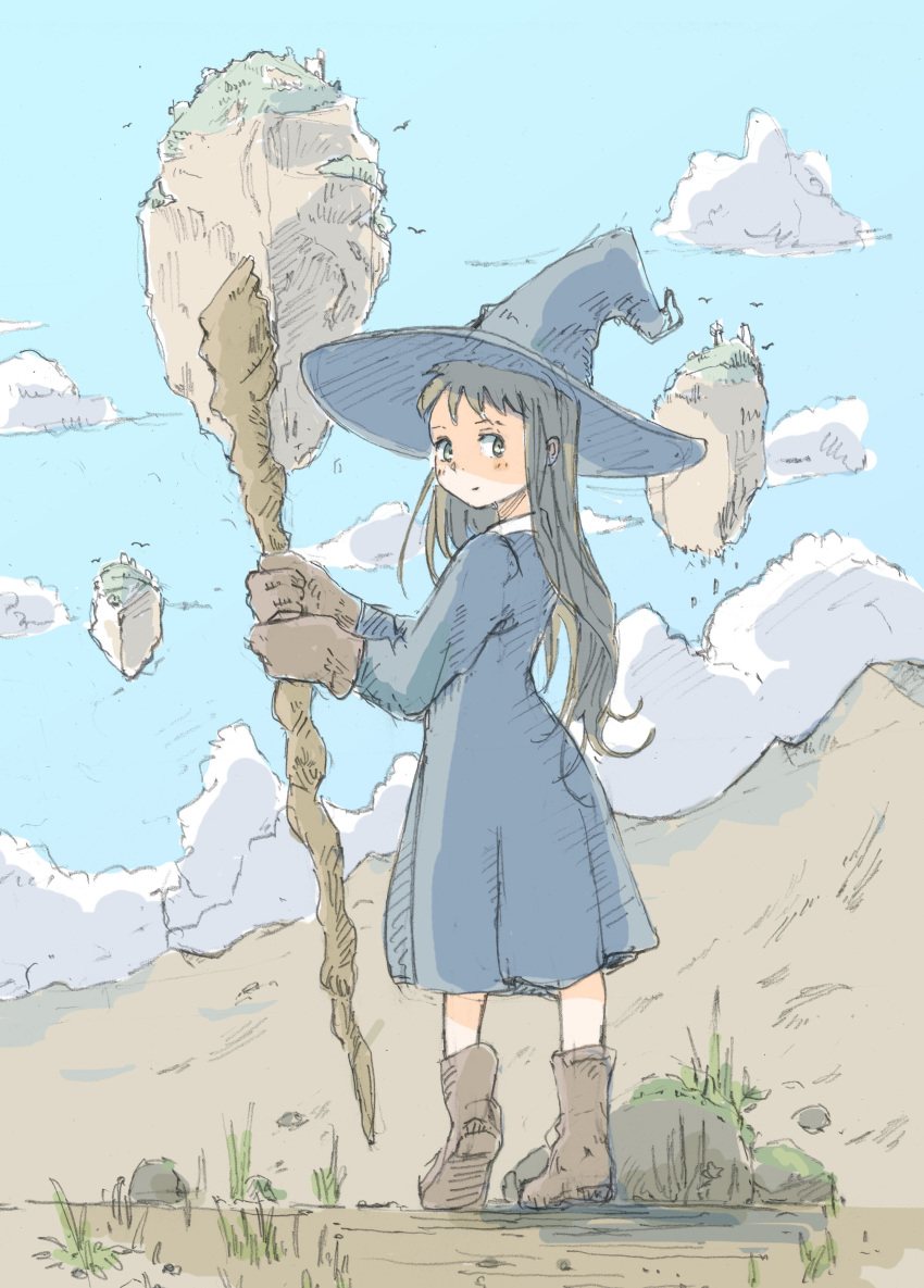 1girl, absurdres, black_dress, black_hair, boots, commentary, day, dress, floating_island, grass, hat, highres, long_hair, looking_back, original, outdoors, porankaran, sky, solo, staff, witch, witch_hat