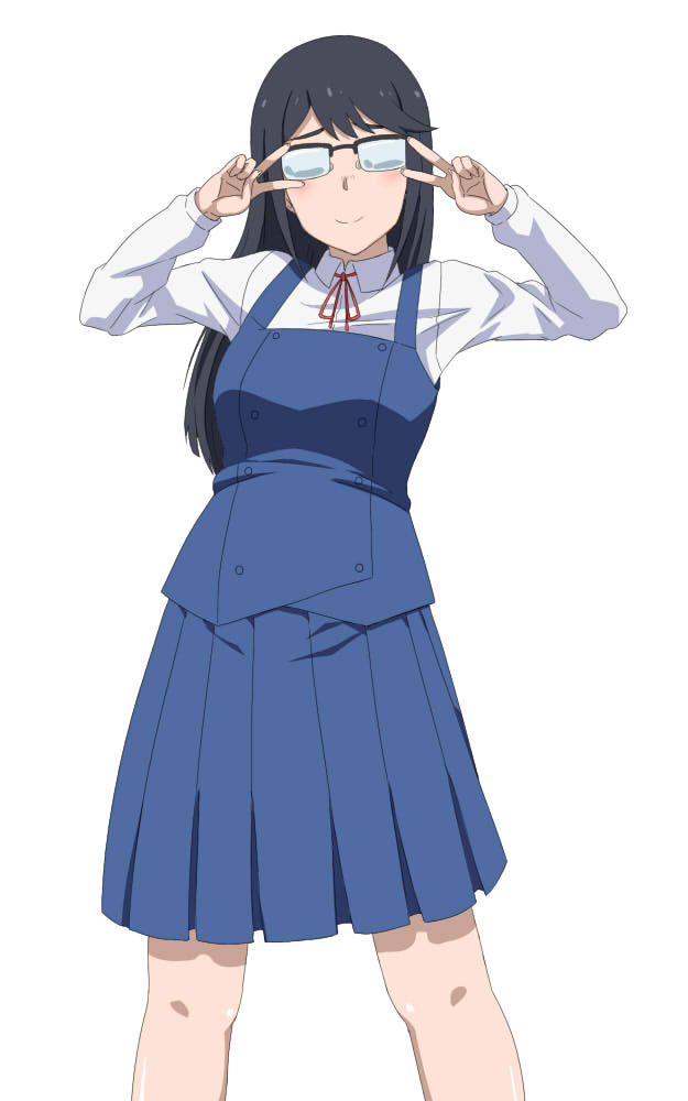 1girl, black_hair, double_v, glasses, houkago_teibou_nisshi, long_hair, oono_makoto, opaque_glasses, school_uniform, simple_background, solo, v, v_over_eye, yoshida_keiji