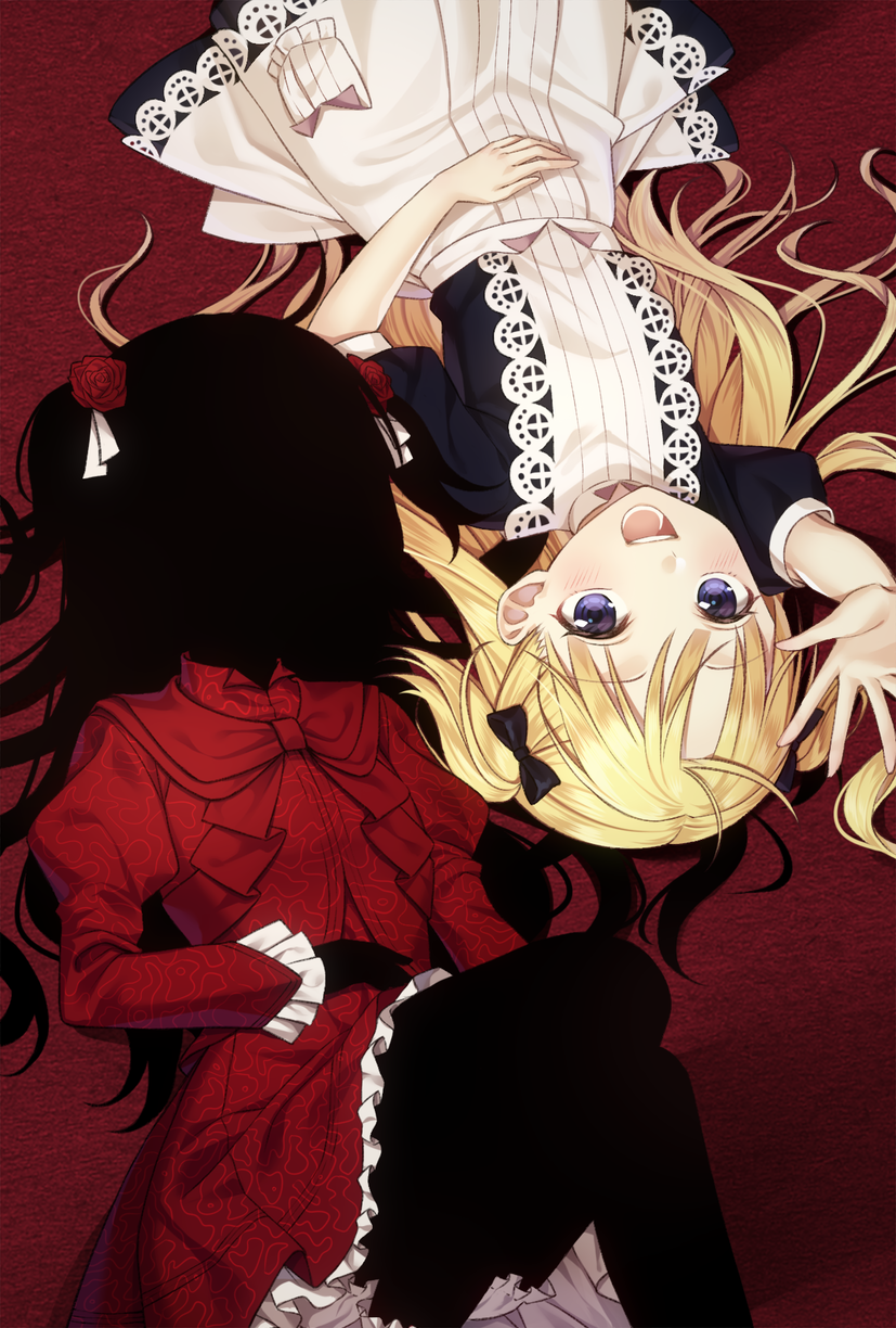 2girls, apron, arm_up, bangs, blonde_hair, blue_eyes, blush, bow