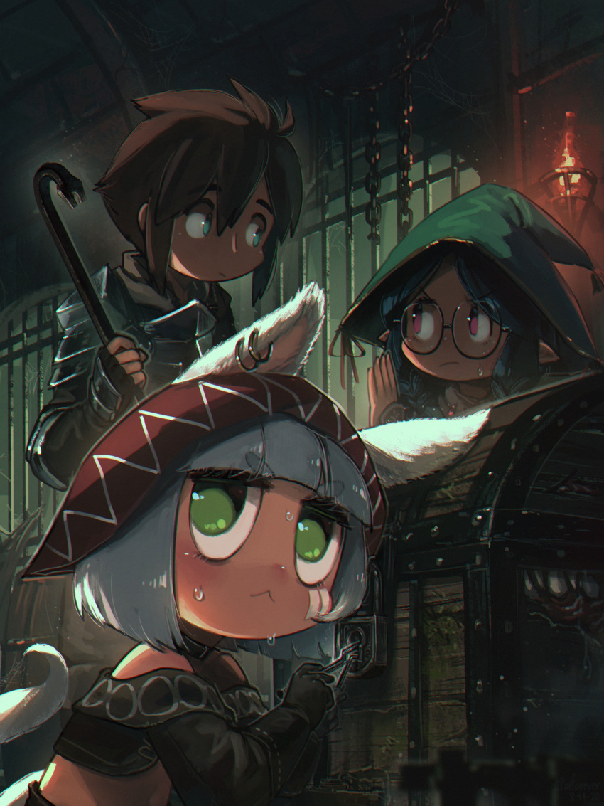 1boy, 2girls, :<, absurdres, animal_ears, armor, bangs, black_choker