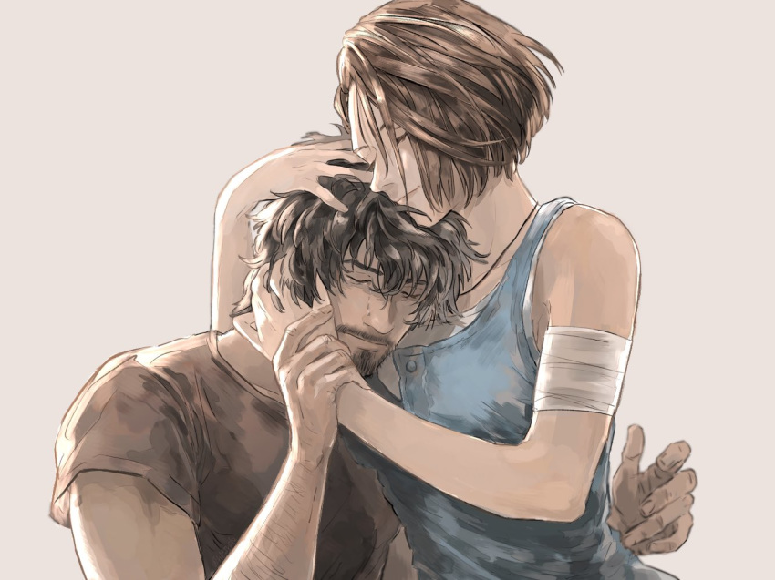 1boy, 1girl, bandaged_arm, bandages, bangs, bare_shoulders, beard, black_hair, blue_camisole, brown_hair, brown_shirt, camisole, carlos_oliveira, closed_eyes, closed_mouth, crying, facial_hair, fune_(nkjrs12), grey_background, hair_between_eyes, hand_on_another's_cheek, hand_on_another's_face, hand_on_another's_head, holding, holding_hand, hug, jewelry, jill_valentine, mustache, necklace, open_hand, resident_evil, resident_evil_3, shirt, short_hair, short_sleeves, simple_background, sleeveless, smile, tears, upper_body