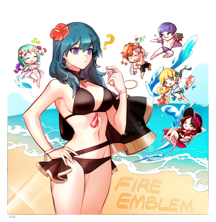 2boys, 4girls, ?, beach, bikini, black_bikini, blonde_hair, blue_eyes