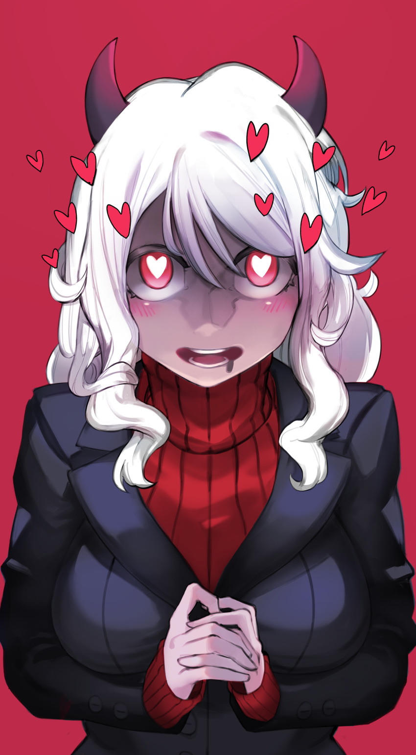 1girl, absurdres, bangs, black_horns, black_suit, blush, breasts, demon_girl