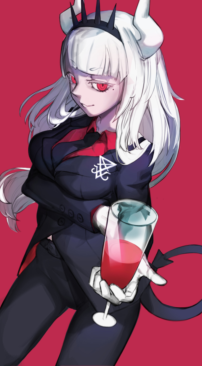 1girl, absurdres, alcohol, arms_under_breasts, belt, black_jacket, black_neckwear, black_pants, black_tail, breasts, business_suit, collared_shirt, commentary, cup, demon_girl, demon_horns, demon_tail, drinking_glass, eyebrows_visible_through_hair, formal, glass, gloves, hair_ornament, helltaker, highres, horns, jacket, jycheng1999, large_breasts, light_smile, long_hair, long_sleeves, looking_at_viewer, lucifer_(helltaker), mole, mole_under_eye, monster_girl, necktie, neckwear, pale_skin, pants, red_background, red_eyes, red_shirt, ringed_eyes, shirt, simple_background, smile, solo, suit, tail, very_long_hair, white_eyelashes, white_gloves, white_hair, white_horns, wine, wine_glass
