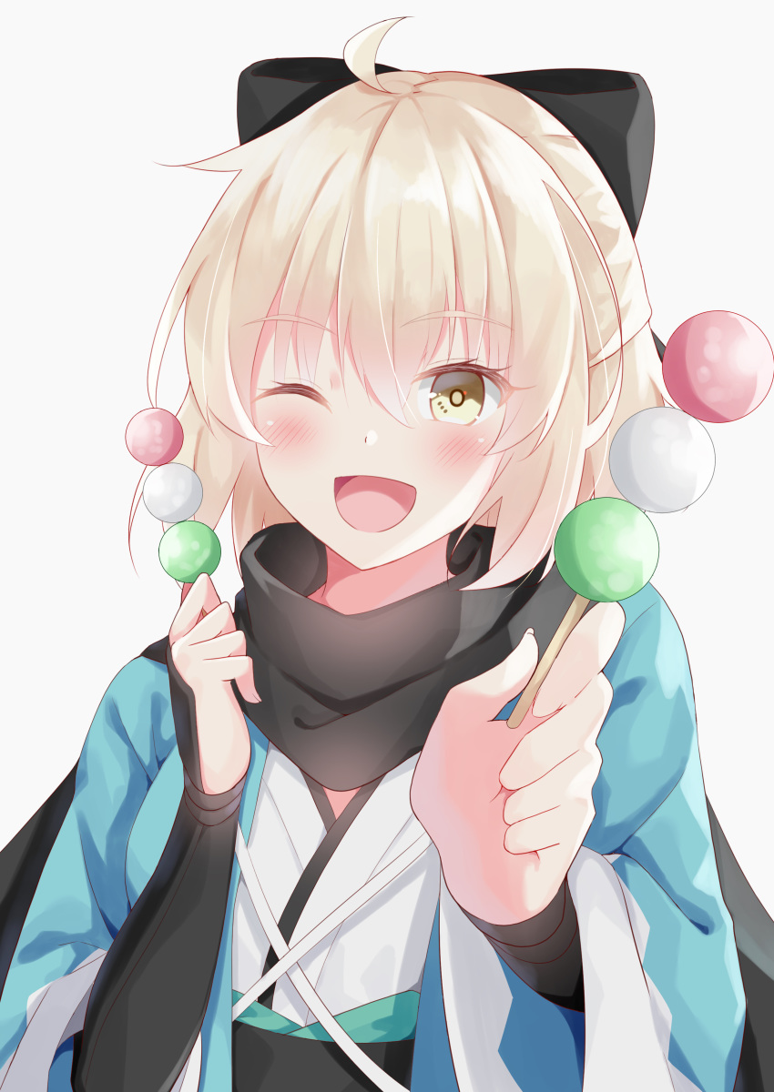 1girl, ;d, absurdres, arm_guards, bangs, black_bow, black_scarf, blonde_hair