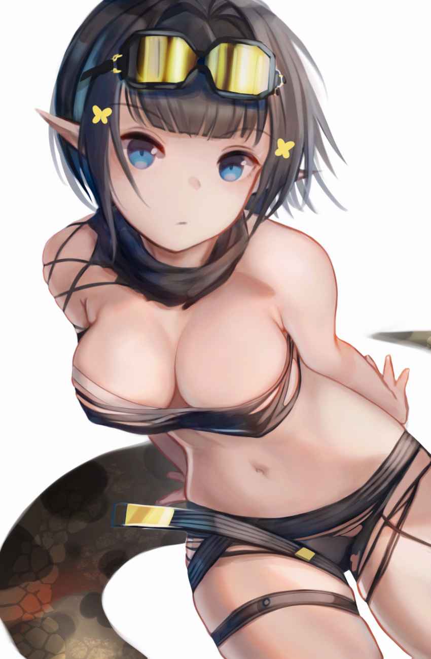 1girl, absurdres, arknights, bandeau, bangs, bare_shoulders, black_hair, black_panties, black_scarf, blue_eyes, blunt_bangs, chinese_commentary, commentary_request, cowboy_shot, eunectes_(arknights), eyebrows_visible_through_hair, goggles, goggles_on_head, highres, laozhanshi, looking_at_viewer, midriff, navel, panties, partial_commentary, pointy_ears, scarf, short_hair, simple_background, snake_tail, solo, stomach, strapless, tail, thigh_strap, thighs, torn_clothes, tubetop, underwear, white_background