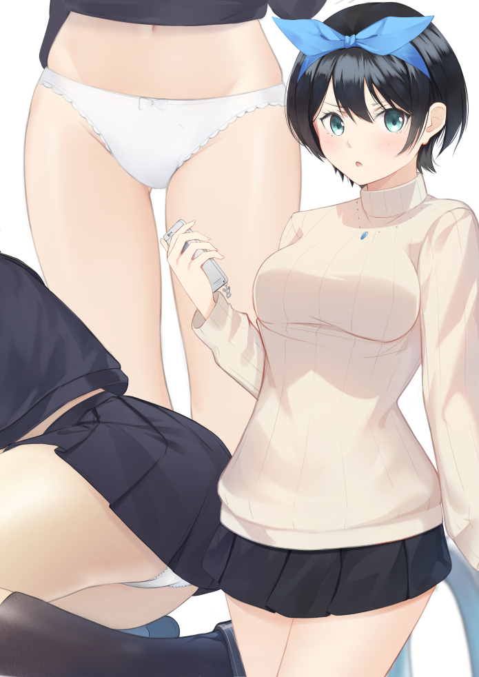 1girl, :o, aqua_eyes, ass, bangs, black_hair, black_shirt, black_skirt, blue_ribbon, blush, breasts, cellphone, cowboy_shot, eyebrows_visible_through_hair, grey_sweater, hair_ribbon, holding, holding_phone, jewelry, kanojo_okarishimasu, kneehighs, long_sleeves, looking_at_viewer, mari_(doraerin0), medium_breasts, miniskirt, multiple_views, navel, necklace, open_mouth, panties, pantyshot, phone, pleated_skirt, ribbon, sarashina_ruka, shirt, short_hair, simple_background, skirt, smartphone, sweater, thighs, underwear, v-shaped_eyebrows, white_background, white_panties