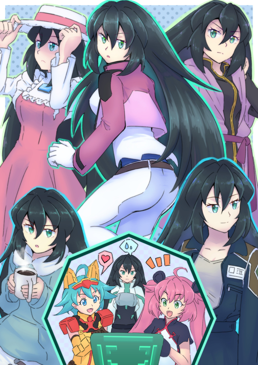 3girls, ass, atra_mixta, atra_mixta_(cosplay), black_hair, blue_eyes, blue_hair, breasts, bureikubureido, coffee, cosplay, cup, green_eyes, gundam, gundam_00, gundam_build_divers, gundam_build_divers_re:rise, gundam_tekketsu_no_orphans, gundam_wing, gundam_zz, haman_karn, haman_karn_(cosplay), heart, highres, holding, holding_cup, hood, hoodie, long_hair, looking_at_viewer, lucrezia_noin, lucrezia_noin_(cosplay), may_(gundam_build_divers_re:rise), medium_breasts, momo_(gundam_build_divers), mug, multiple_girls, multiple_views, nami_(gundam_build_divers), nanase_nanami_(gundam_build_divers), open_mouth, sochie_heim, sochie_heim_(cosplay), sumeragi_lee_noriega, sumeragi_lee_noriega_(cosplay), sweatdrop, turn_a_gundam, twintails, uniform, yashiro_momoka