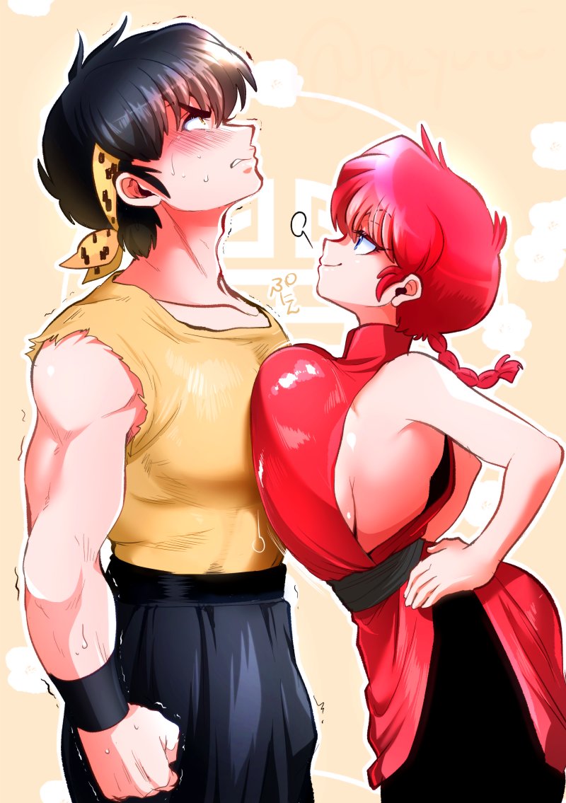 1boy, 1girl, =3, black_hair, black_pants, blue_eyes, blush, braid
