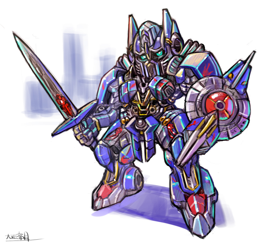 autobot, blue_eyes, highres, holding, holding_shield, holding_sword, holding_weapon, looking_at_viewer