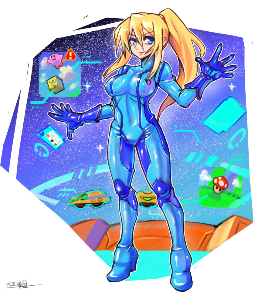 1boy, 1girl, alien, block, bodysuit, company_connection, crossover, gloves