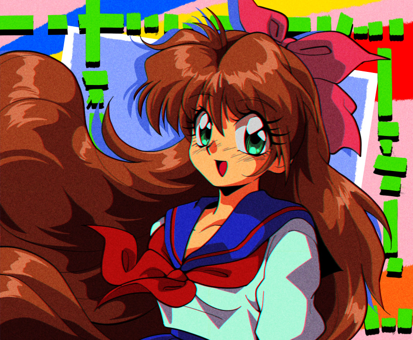 1990s_(style), 1girl, araizumi_rui_(style), bow, brown_hair, green_eyes, hair_bow, highres