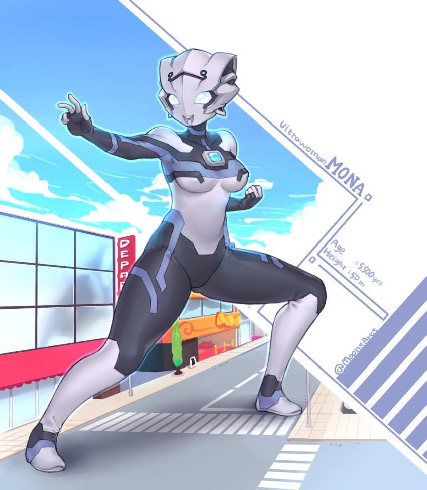 1girl, alien, blue_eyes, building, character_age, character_name, clenched_hand, english_commentary