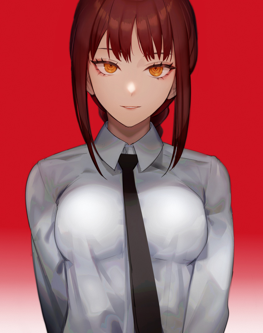 1girl, absurdres, bangs, black_neckwear, braid, braided_ponytail, brown_hair, chainsaw_man, collared_shirt, dress_shirt, ei1han, formal, gradient, gradient_background, highres, huge_filesize, looking_at_viewer, makima_(chainsaw_man), neckwear, orange_eyes, red_background, ringed_eyes, shirt, sidelocks, smile, white_shirt