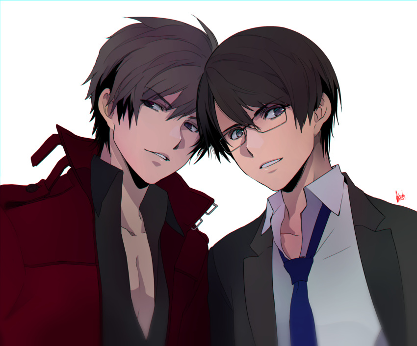 2boys, alternate_costume, black_hair, blue_eyes, blue_neckwear, brown_hair, coat, dual_persona