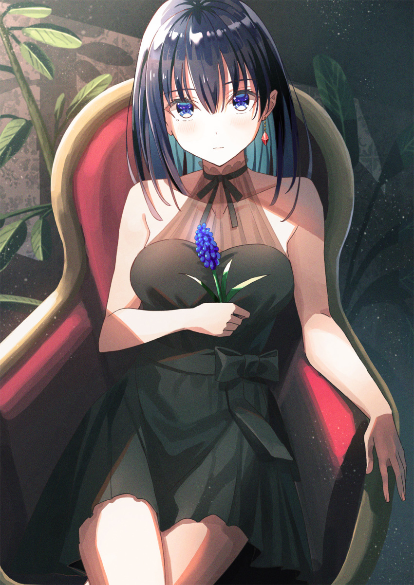 1girl, armchair, bare_shoulders, black_bow, black_dress, black_hair, black_neckwear, black_ribbon
