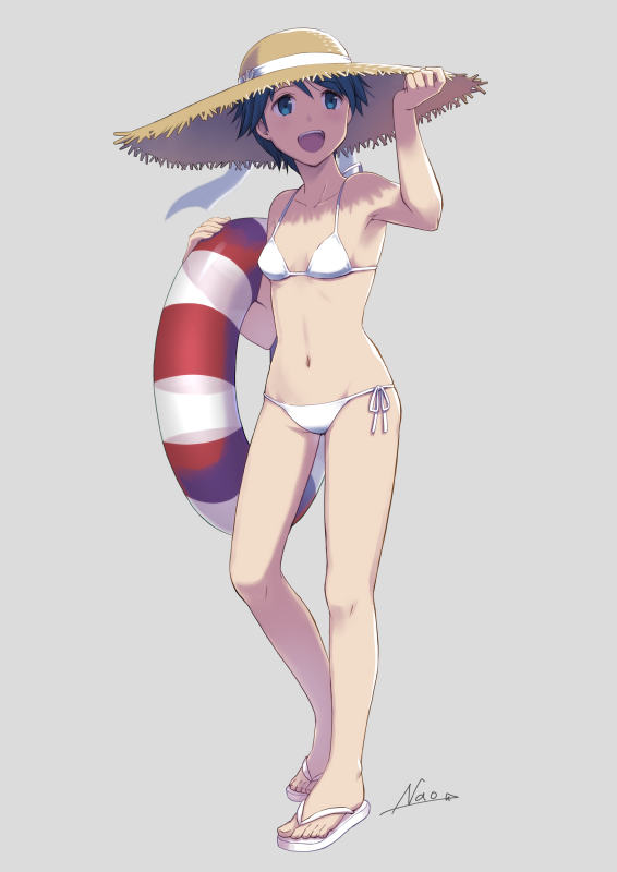 1girl, bangs, bikini, breasts, collarbone, commentary_request, full_body, green_eyes