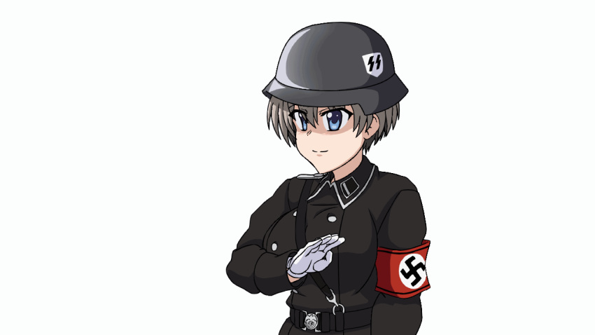 1girl, bouncing_breasts, grey_hair, hideyoshiao1, huge_breasts, large_breasts, nazi, nazi_salute