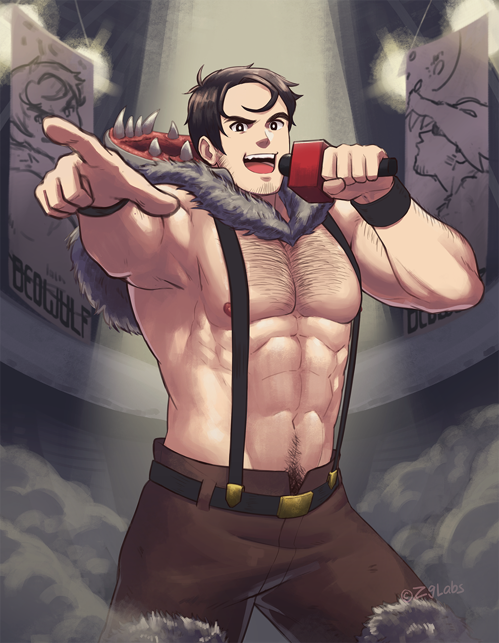 1boy, abs, bara, beowulf_(skullgirls), black_hair, black_pubic_hair, chest, chest_hair, facial_hair, fate/grand_order, fate_(series), highres, male_focus, male_pubic_hair, microphone, muscle, nipples, pants, pectorals, pelt, pubic_hair, shirtless, short_hair, skullgirls, smile, solo, stubble, suspenders, thighs, zombies_inc.