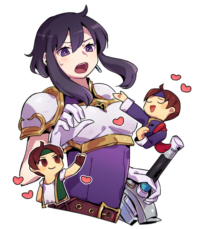 1girl, 2boys, armor, belt, belt_buckle, black_hair, breastplate, buckle, earrings, fire_emblem, fire_emblem:_genealogy_of_the_holy_war, gloves, haconeri, iuchar_(fire_emblem), iucharba_(fire_emblem), jewelry, larcei_(fire_emblem), multiple_boys, open_mouth, short_hair, simple_background, sword, violet_eyes, weapon